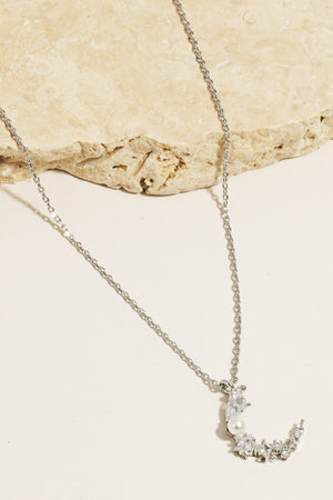 CZ & Pearl Crescent Moon Necklace