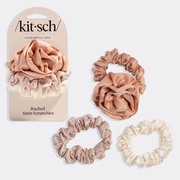 Kitsch Rosette Ruched Satin Scrunchies 3pc Set