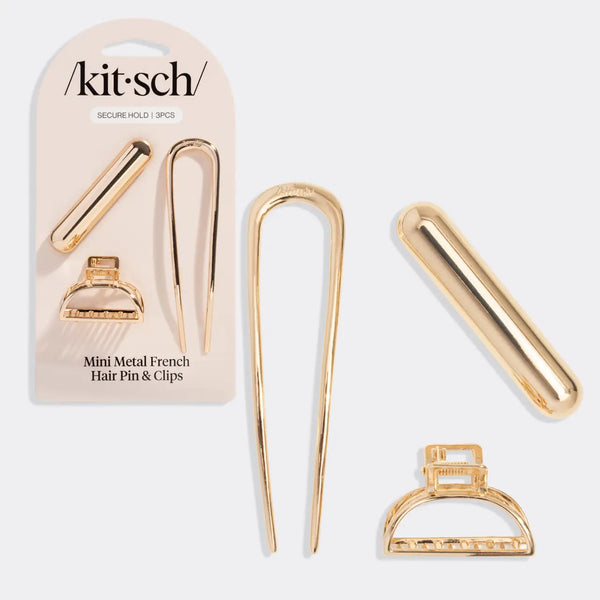 Kitsch Mini Metal French Hair Pin & Clips 3pc Set